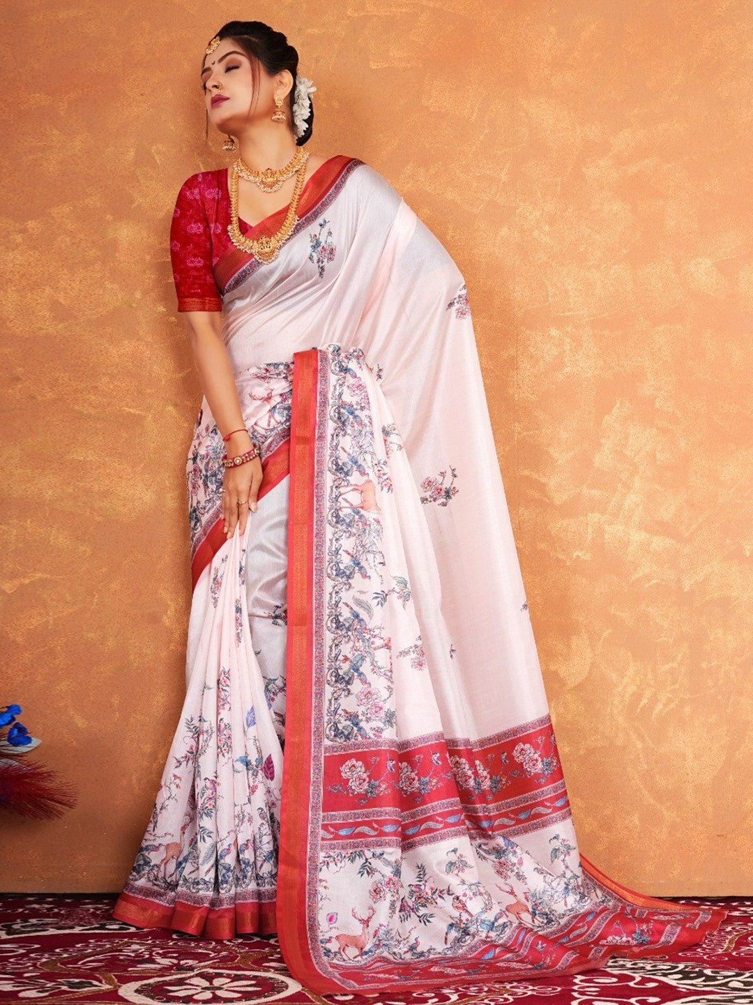 Graceful Light Peach Blossom Digital Print Dola Silk Saree with Designer Work - Image 3