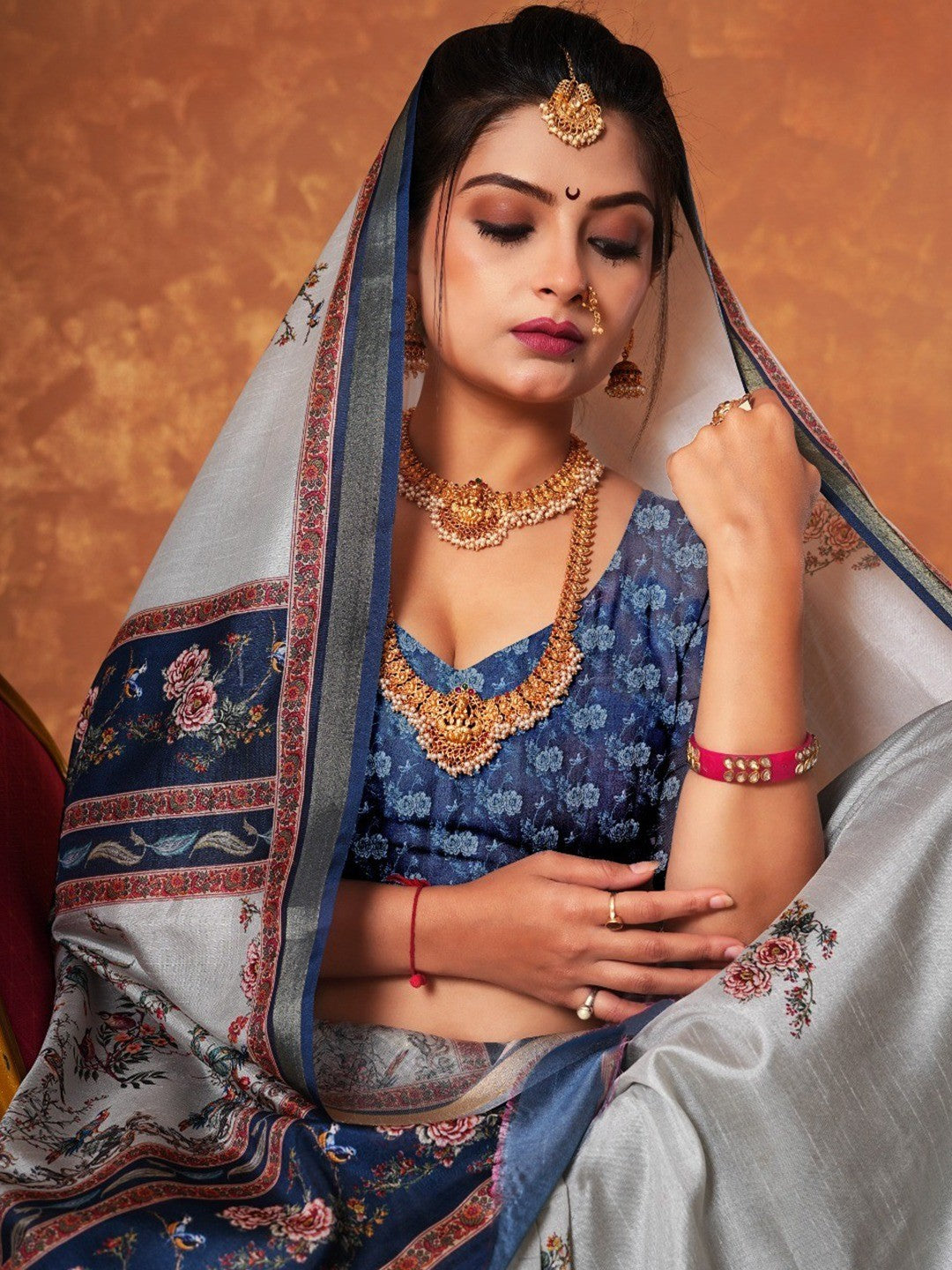 Graceful Light Grey Blossom Digital Print Dola Silk Saree with Designer Work - Image 3