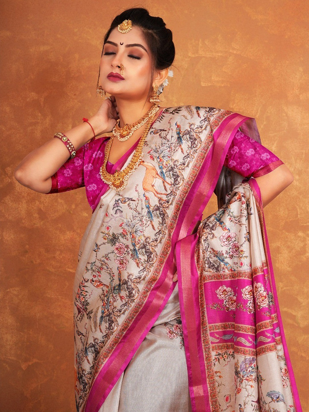 Graceful Chikoo Blossom Digital Print Dola Silk Saree with Designer Work - Image 3