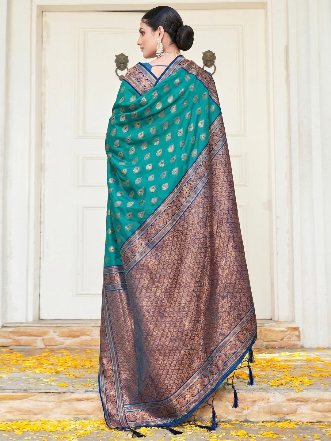Rama Blue Woven Banarasi Silk Saree With Tassels - Image 1