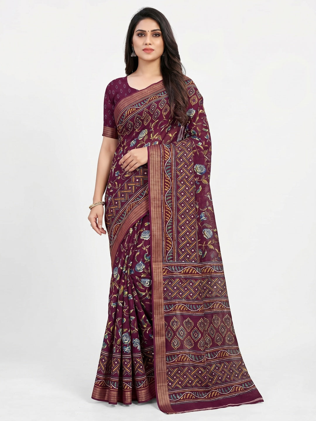 Wine Floral Printed Cotton Blend Saree - Image 2