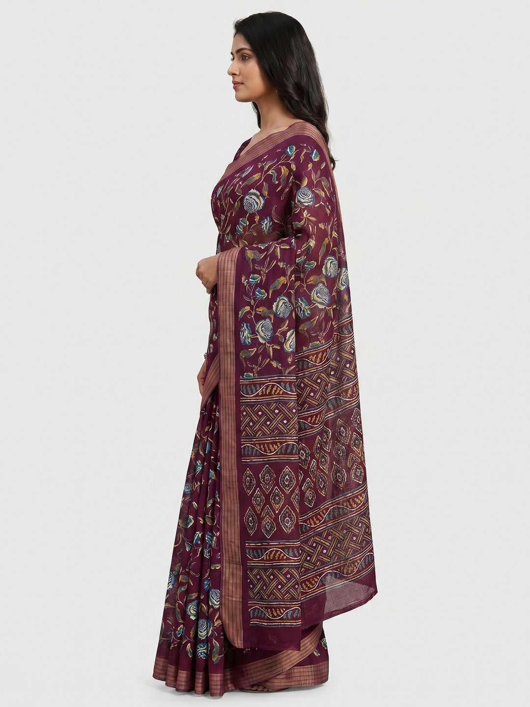 Wine Floral Printed Cotton Blend Saree - Image 3
