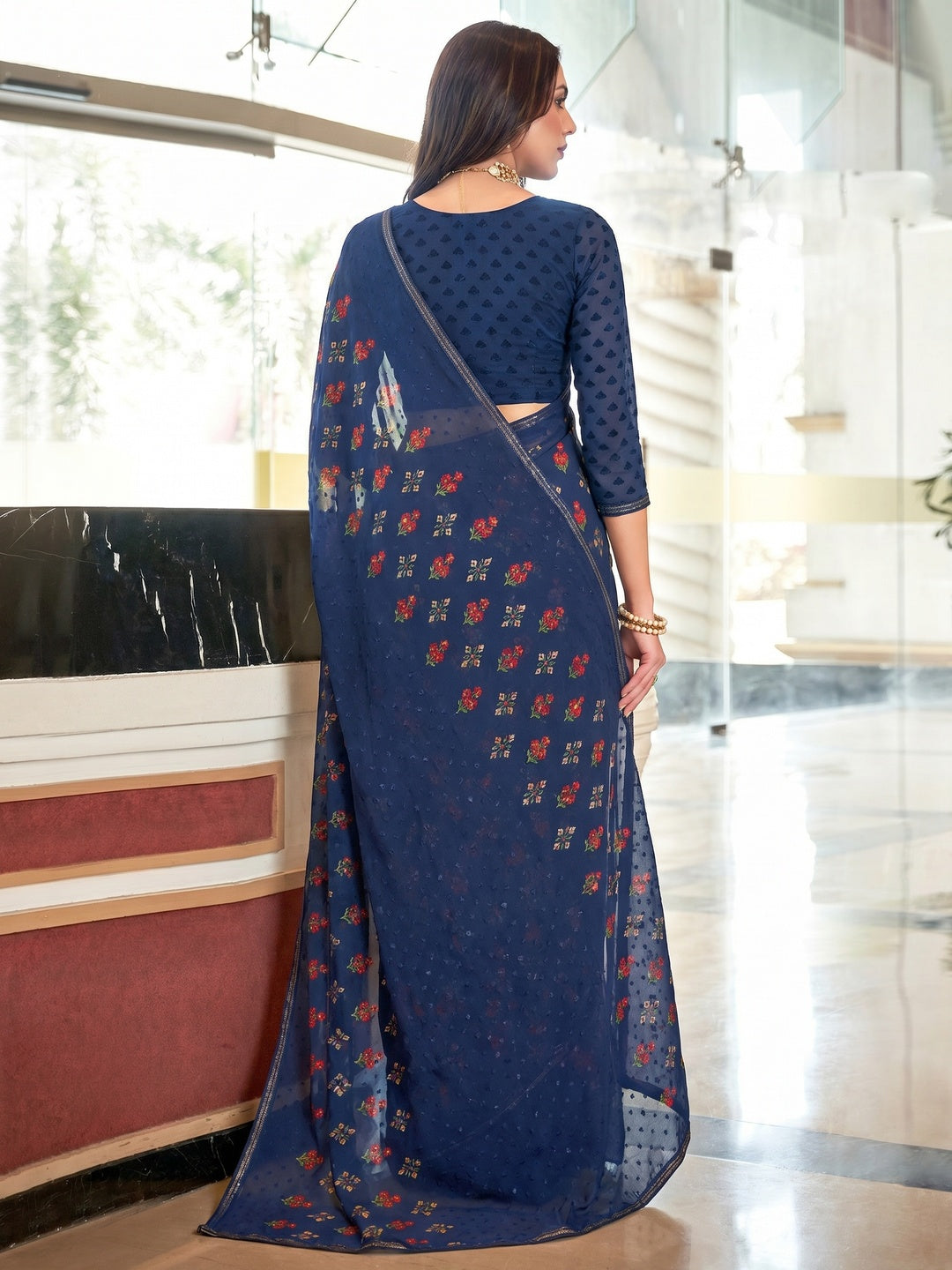 Blue Floral Printed Georgette Saree with Stich Border - Image 1