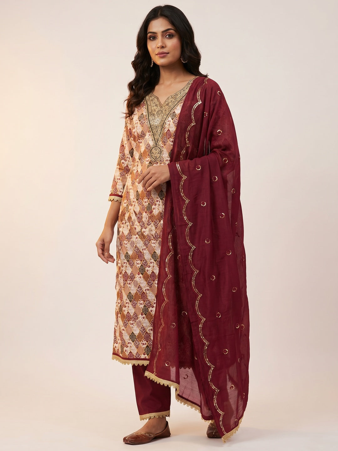 Maroon Digital Printed With Embroidered Cotton Blend Dress Material - Image 1