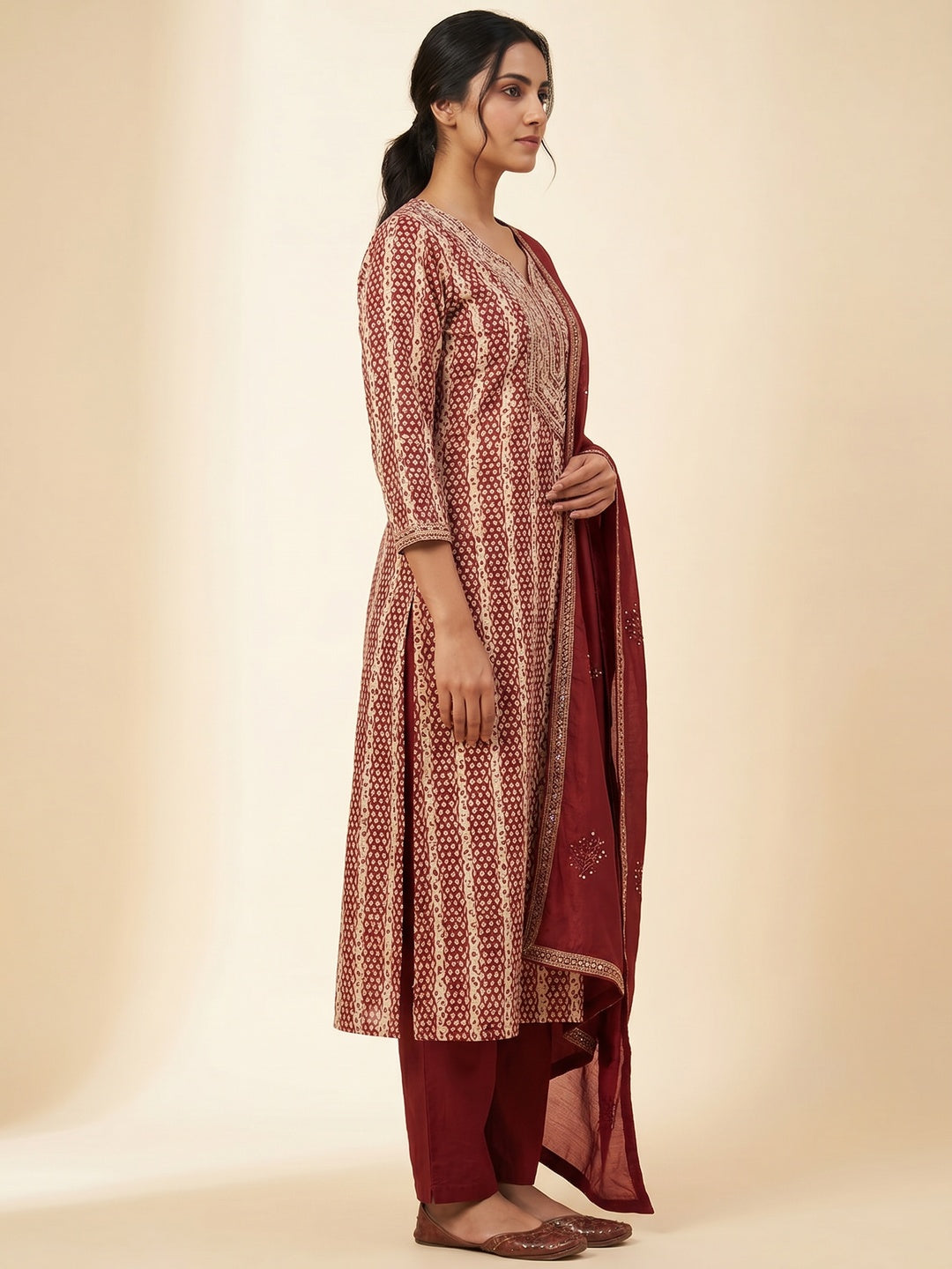 Maroon Digital Printed With Embroidered Cotton Blend Dress Material - Image 2