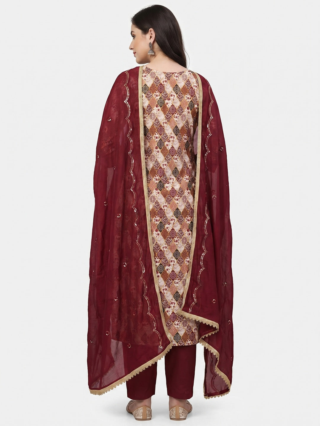 Maroon Digital Printed With Embroidered Cotton Blend Dress Material - Image 3