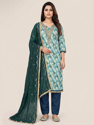 Rama Blue Digital Printed With Embroidered Cotton Blend Dress Material - Image 1