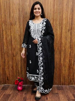 Black Floral Embroidered Chanderi Dress Material - Image 1
