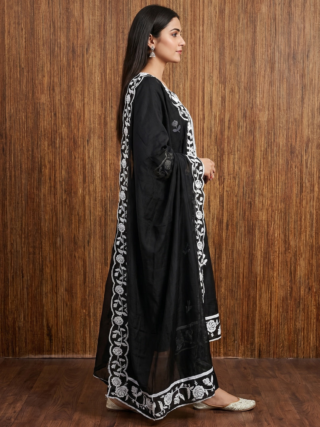 Black Floral Embroidered Chanderi Dress Material - Image 2