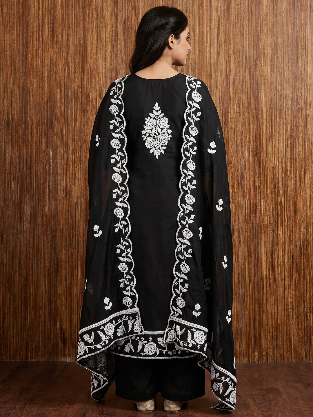 Black Floral Embroidered Chanderi Dress Material - Image 3
