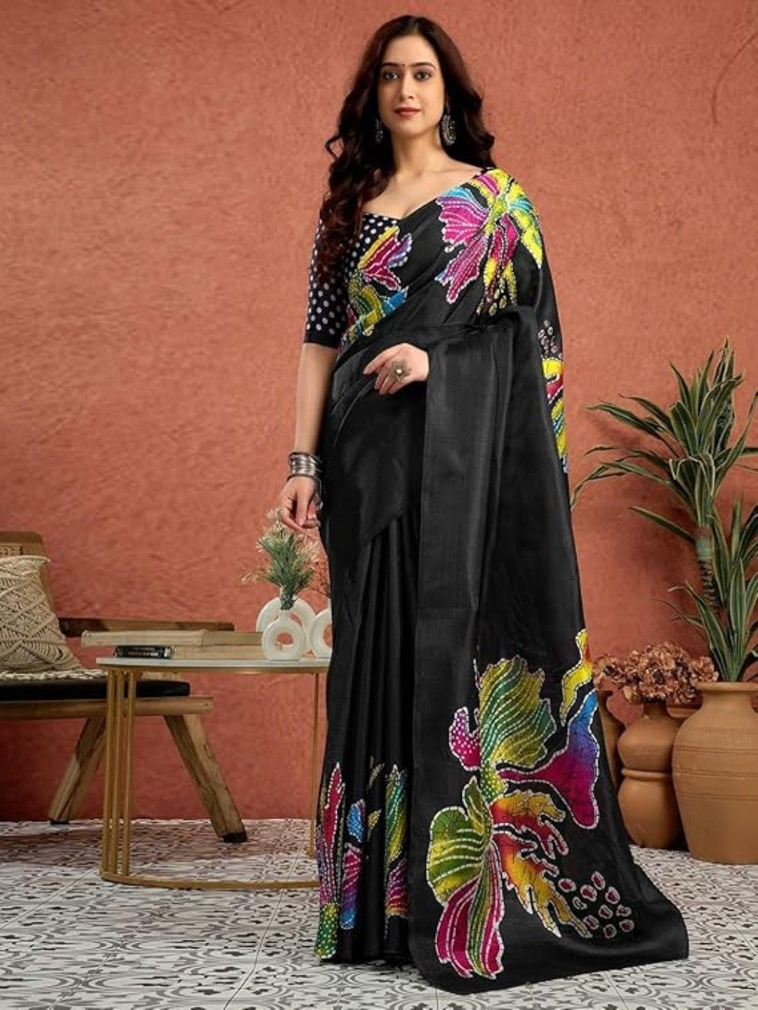 Graceful Black Floral Motif Satin Saree Adorned with Digital Print Work  - Image 1