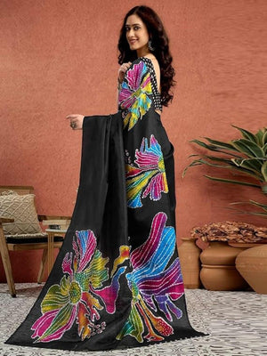 Graceful Black Floral Motif Satin Saree Adorned with Digital Print Work  - Image 2