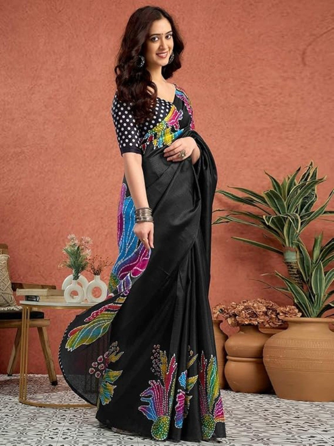 Graceful Black Floral Motif Satin Saree Adorned with Digital Print Work  - Image 3