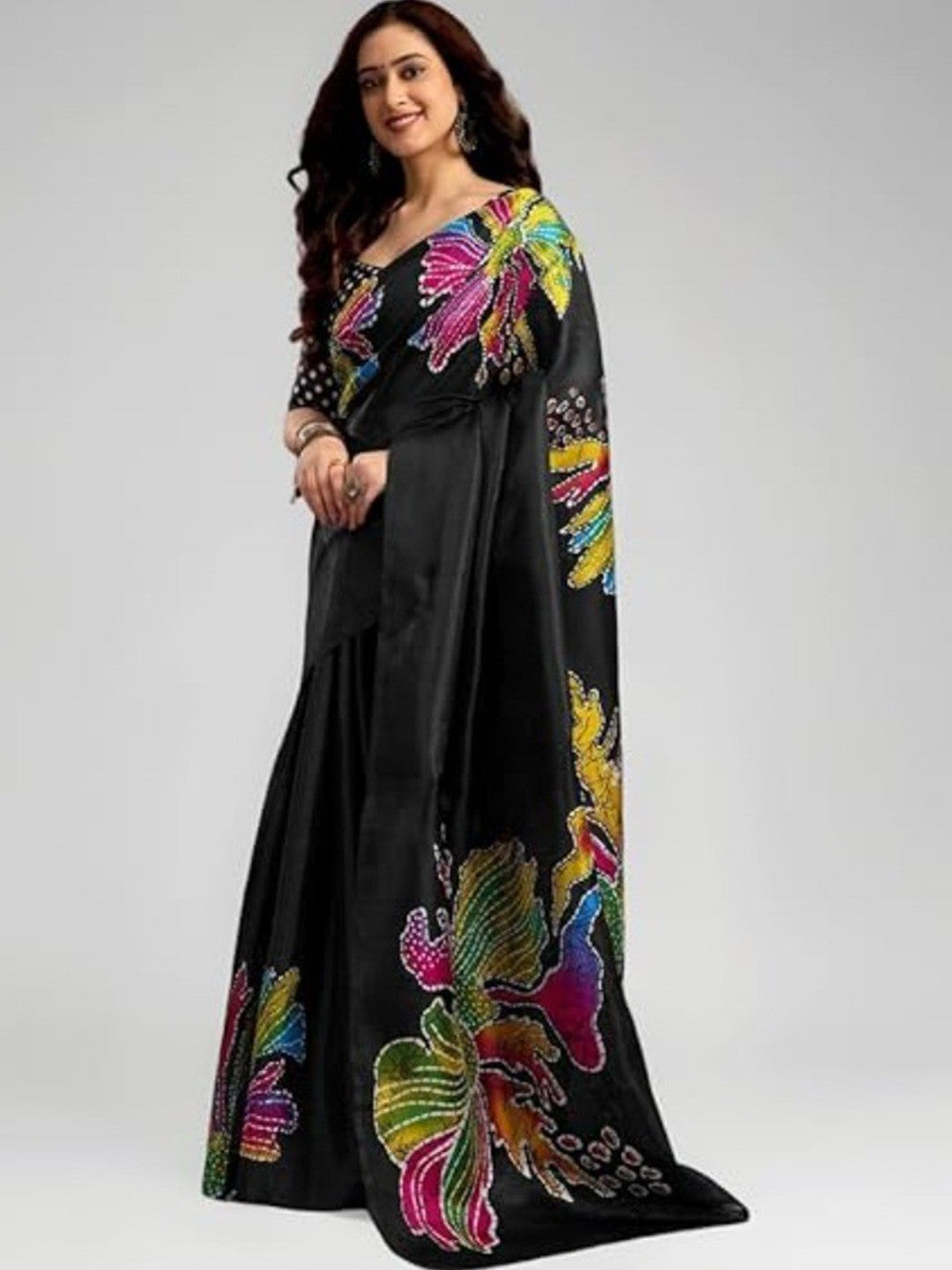 Graceful Black Floral Motif Satin Saree Adorned with Digital Print Work  - Image 5