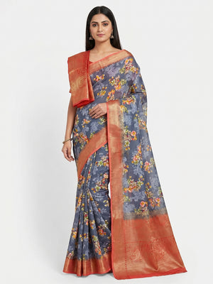 Grey Floral Printed With Woven Border Dola Silk Saree - Image 1
