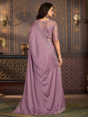 Mauve Embroidered Satin Saree - Image 1