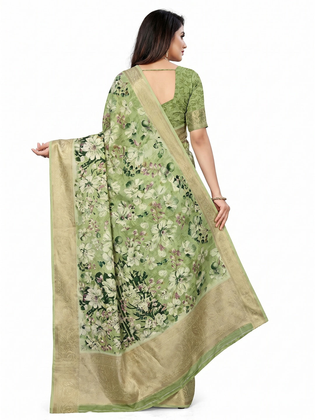 Green Floral Printed Dola Silk Saree With Weaving Border - Image 3