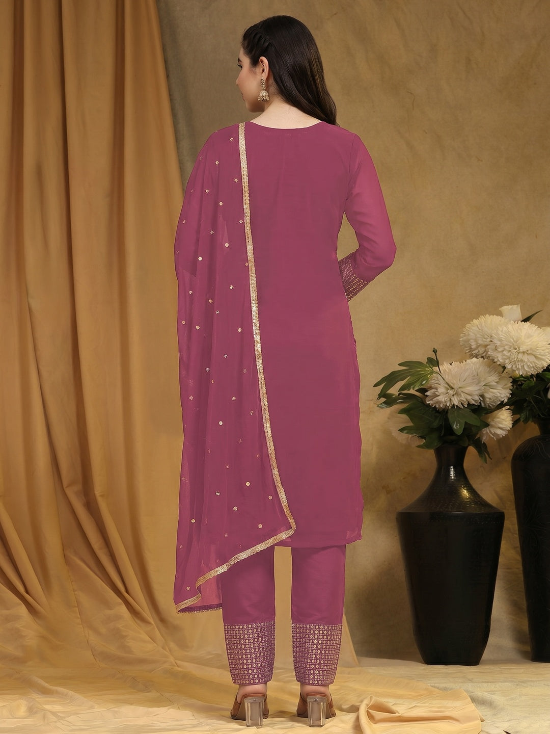 Pink Sequins Embroidered Georgette Semi Stitched Salwar Suit - Image 1