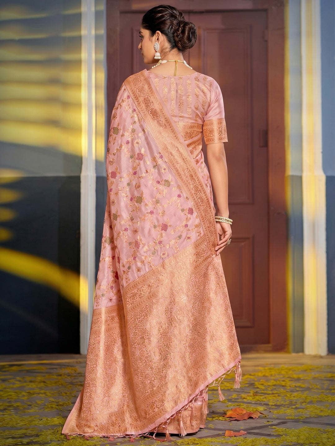 Pink Floral Woven Banarasi Silk Saree With Tassels - Image 1