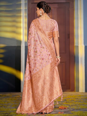 Pink Floral Woven Banarasi Silk Saree With Tassels - Image 1
