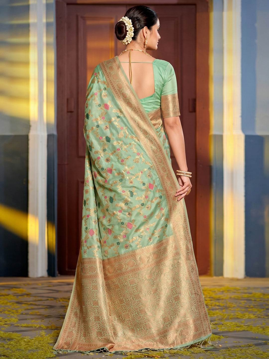 Sea Green Floral Woven Banarasi Silk Saree With Tassels - Image 1