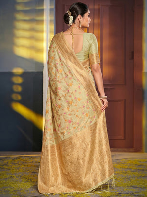 Light Green Floral Woven Banarasi Silk Saree With Tassels - Image 1