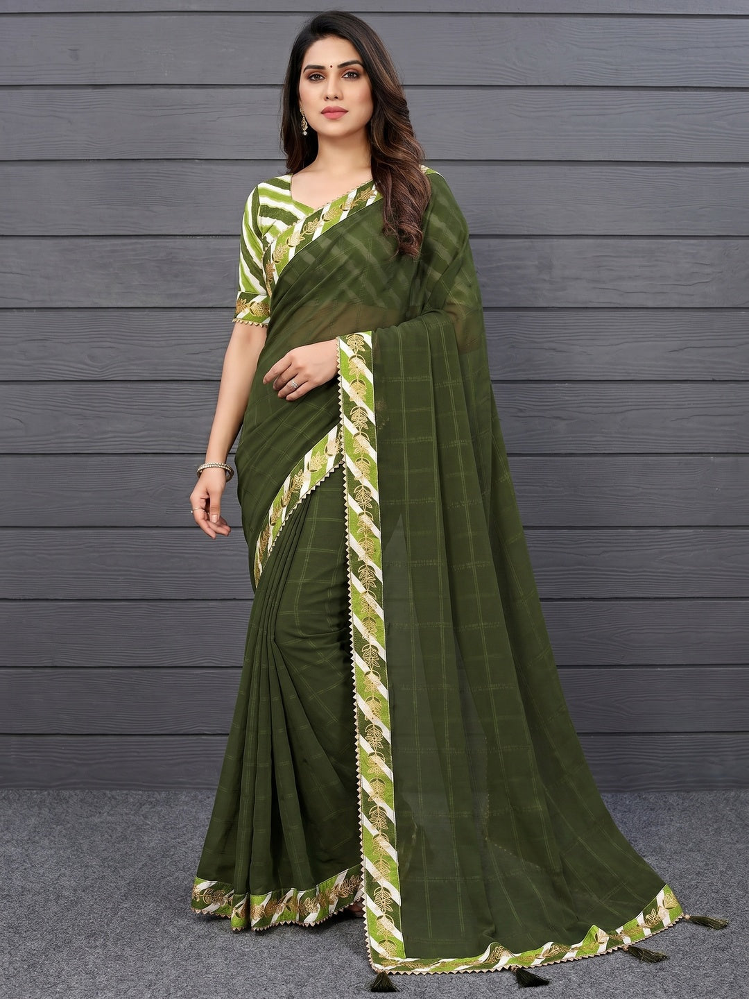 Mehendi Green Woven Georgette Saree With Lace Border - Image 1