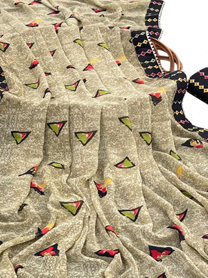 Dark Tan Geometric Printed Georgette Saree With Lace Border - Image 2