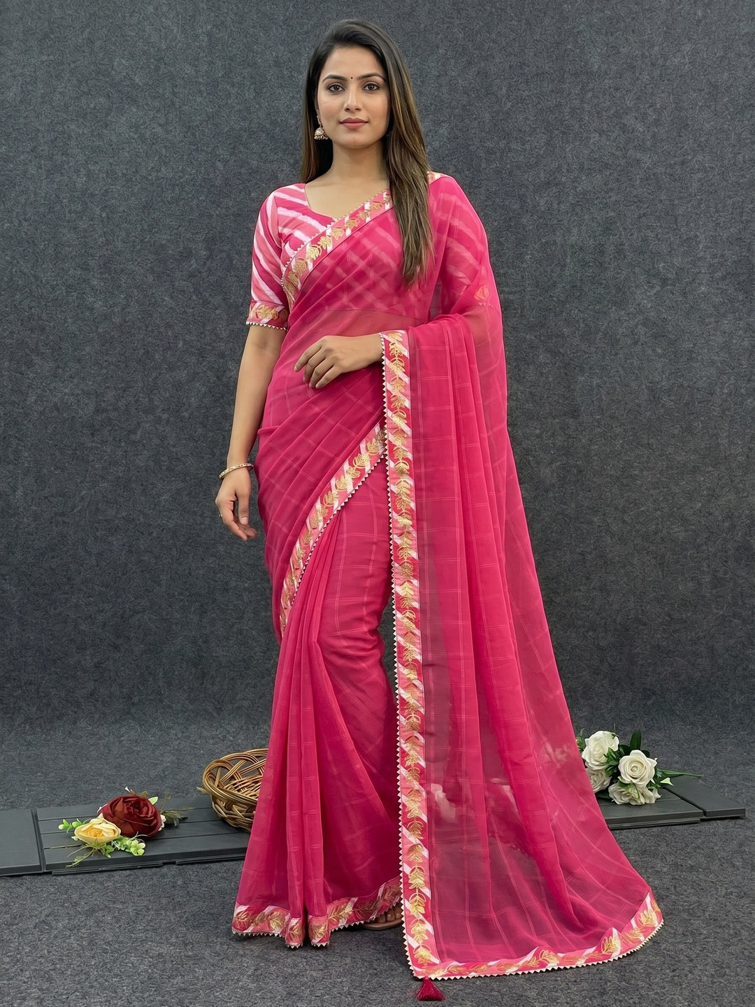 Pink Woven With Gota Patti Border Georgette Saree With Tassels - Image 1