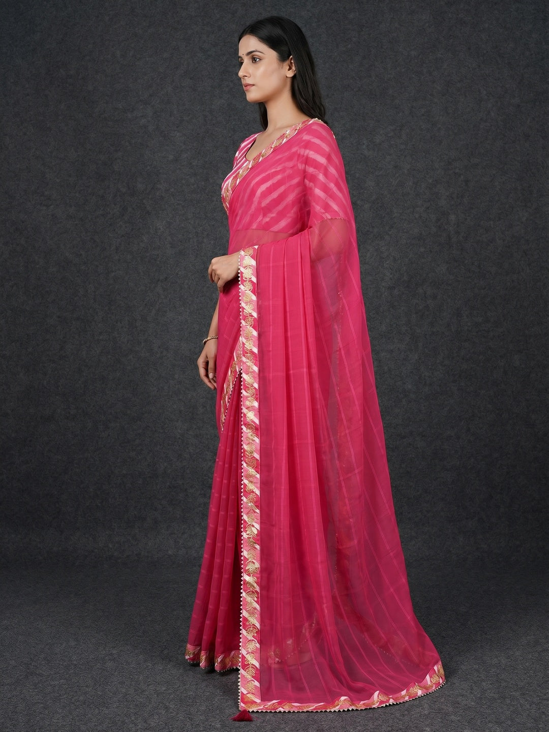 Pink Woven With Gota Patti Border Georgette Saree With Tassels - Image 2