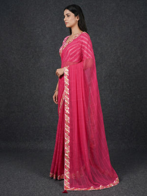 Pink Woven With Gota Patti Border Georgette Saree With Tassels - Image 2