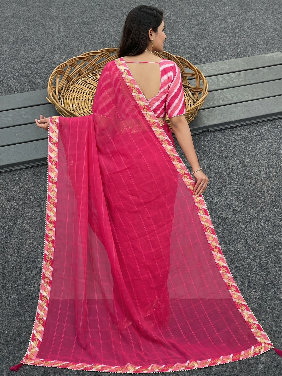 Pink Woven With Gota Patti Border Georgette Saree With Tassels - Image 3