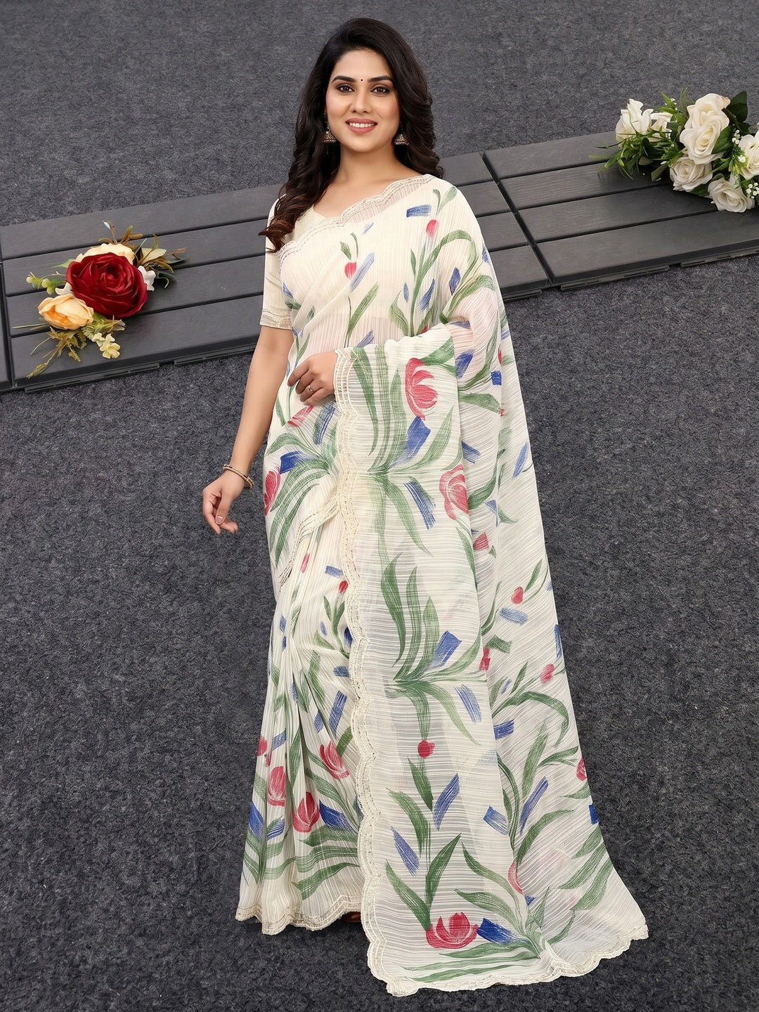 Off White Floral Hand Printed Chiffon Saree - Image 1
