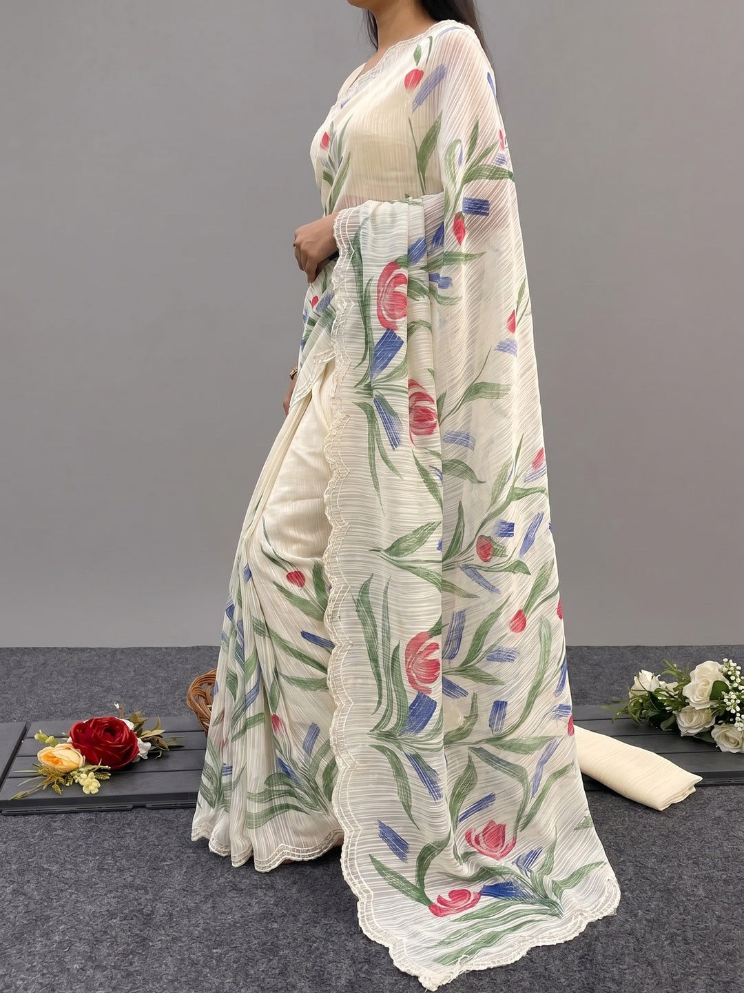 Off White Floral Hand Printed Chiffon Saree - Image 3