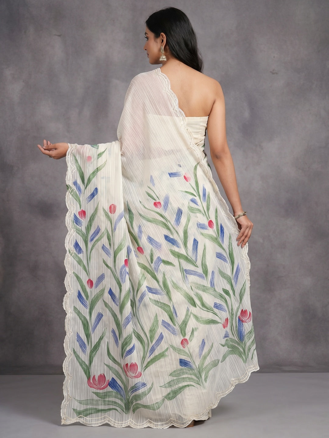Off White Floral Hand Printed Chiffon Saree - Image 2