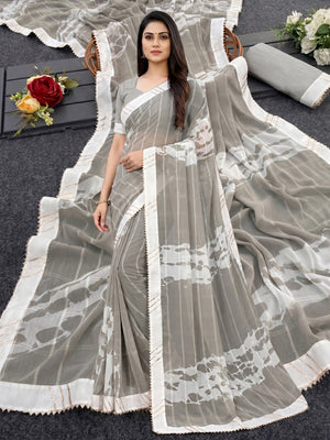 Grey Woven With Shibori Printed Georgette Saree - Image 1