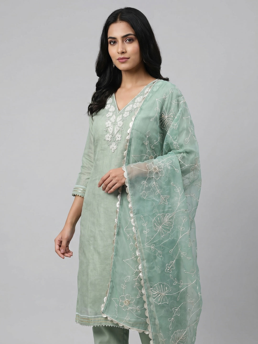 Sea Green Embroidered Moti Work Pure Cotton Dress Material - Image 1