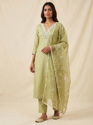 Green Embroidered Moti Work Pure Cotton Dress Material - Image 1