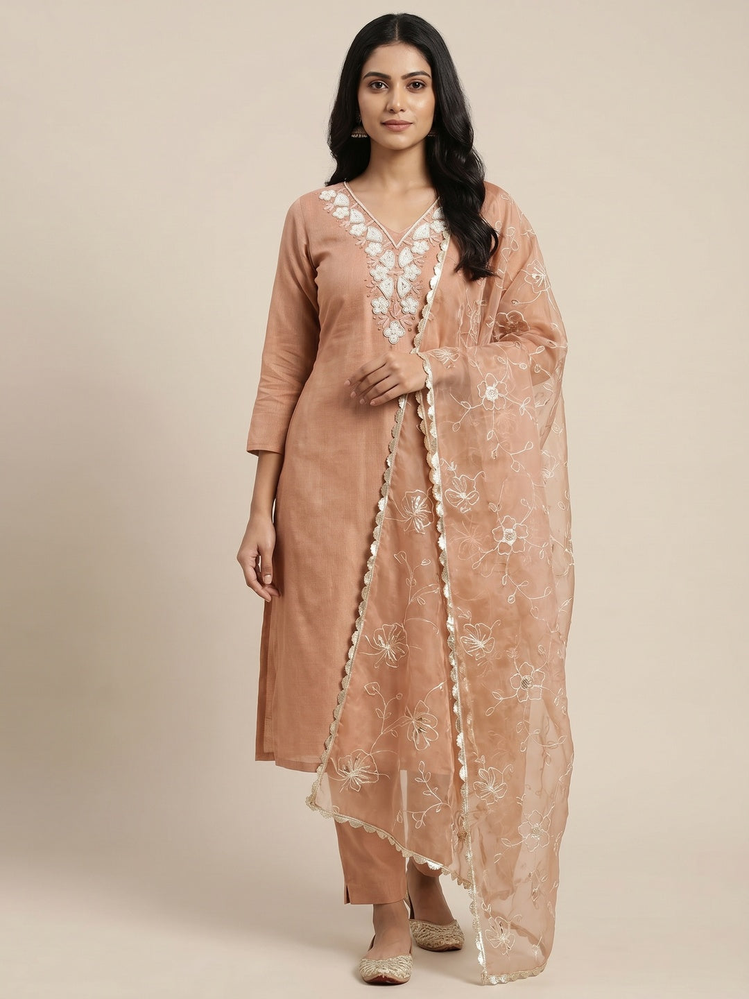 Dusty Peach Embroidered Moti Work Pure Cotton Dress Material - Image 1