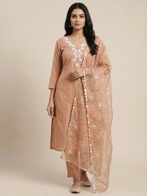 Dusty Peach Embroidered Moti Work Pure Cotton Dress Material - Image 1