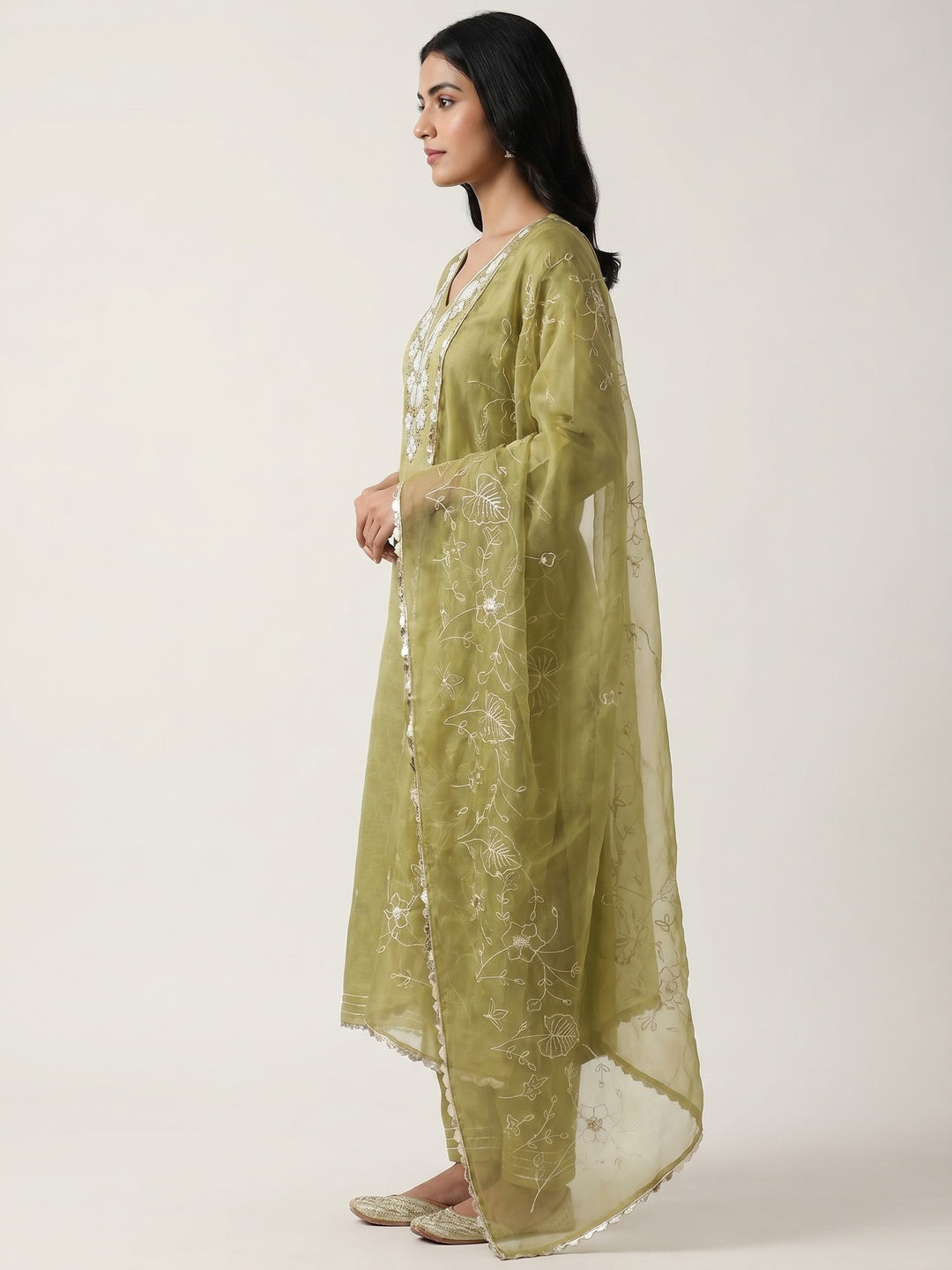 Green Embroidered Moti Work Pure Cotton Dress Material - Image 3