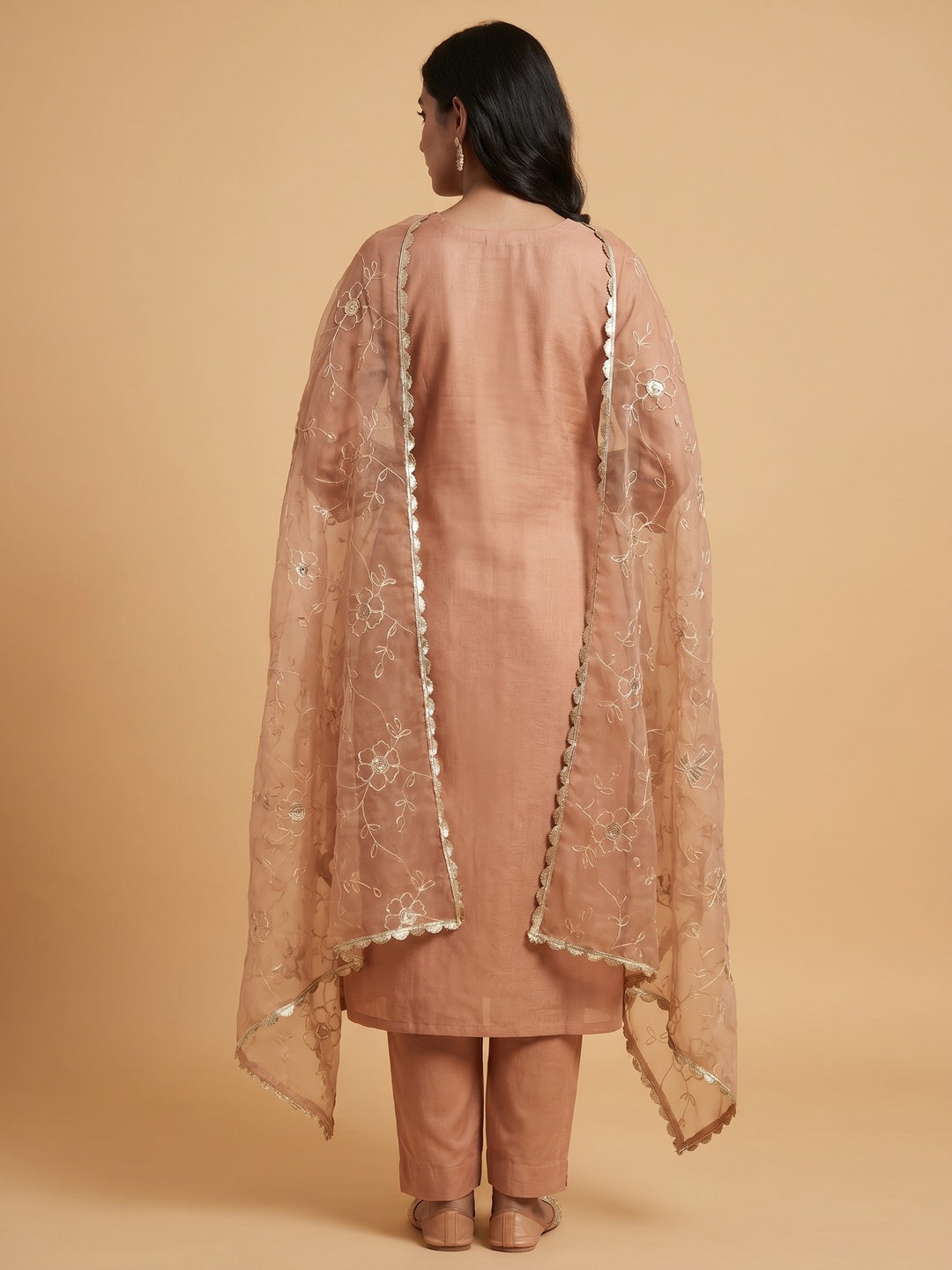 Dusty Peach Embroidered Moti Work Pure Cotton Dress Material - Image 2