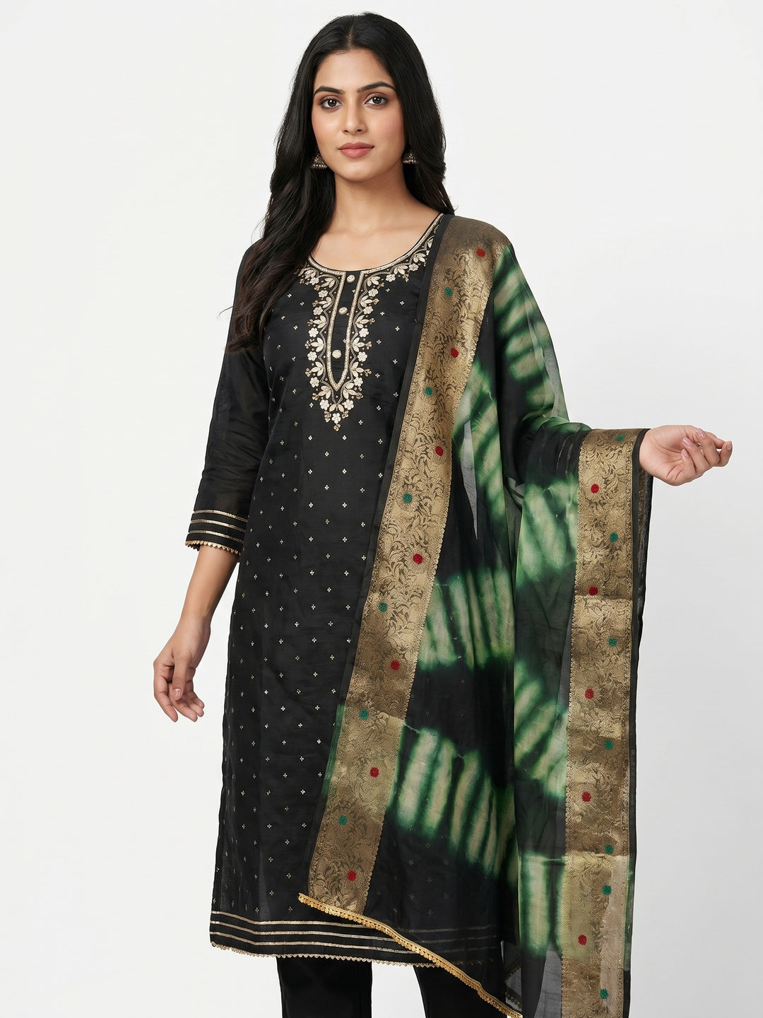 Black Woven With Handwork Chanderi Silk Dress Material - Image 1