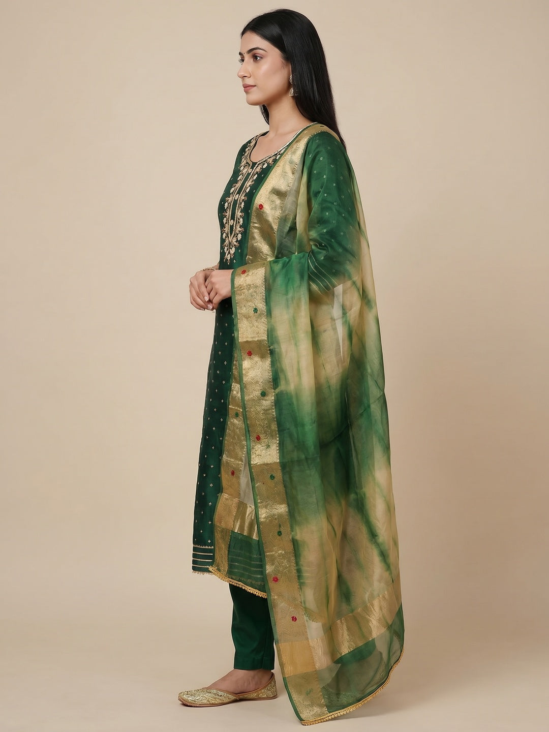 Green Woven With Handwork Chanderi Silk Dress Material - Image 3