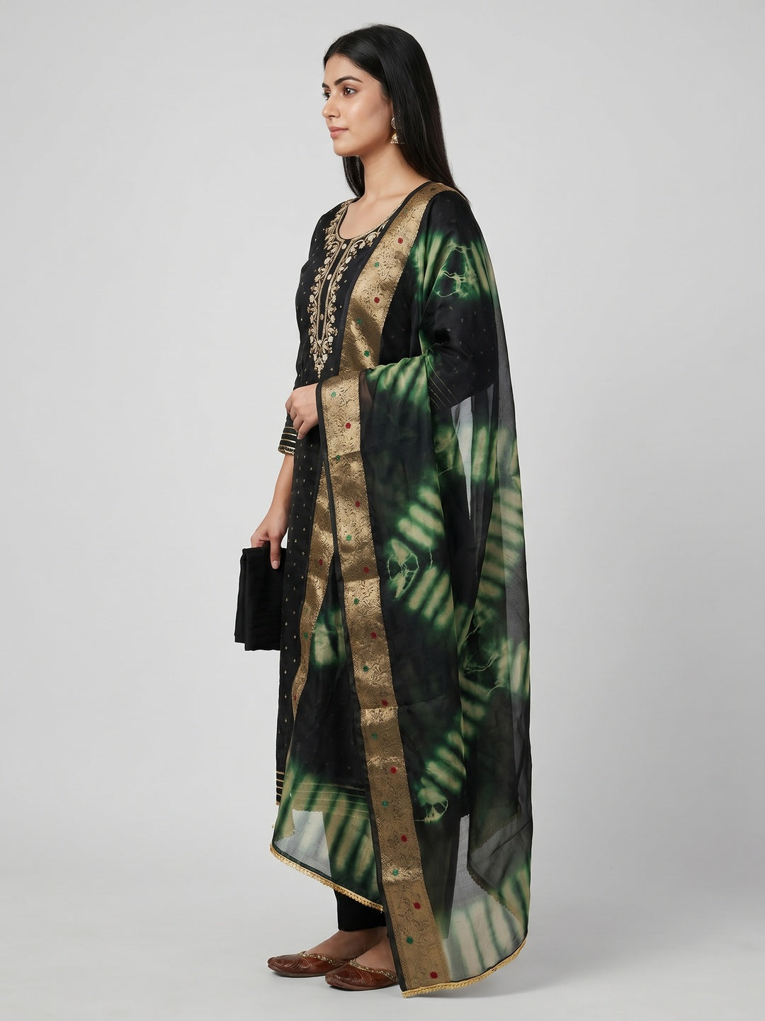 Black Woven With Handwork Chanderi Silk Dress Material - Image 3