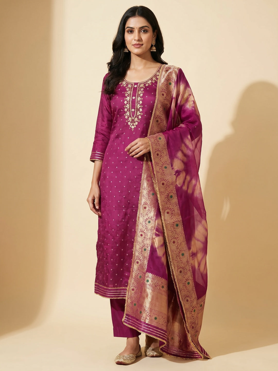 Magenta Woven With Handwork Chanderi Silk Dress Material - Image 1