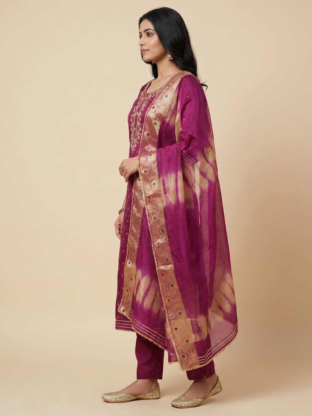 Magenta Woven With Handwork Chanderi Silk Dress Material - Image 2