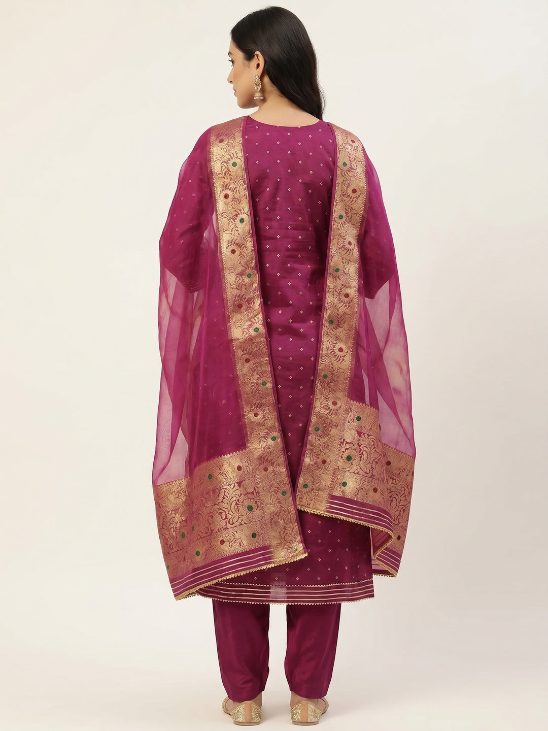 Magenta Woven With Handwork Chanderi Silk Dress Material - Image 3