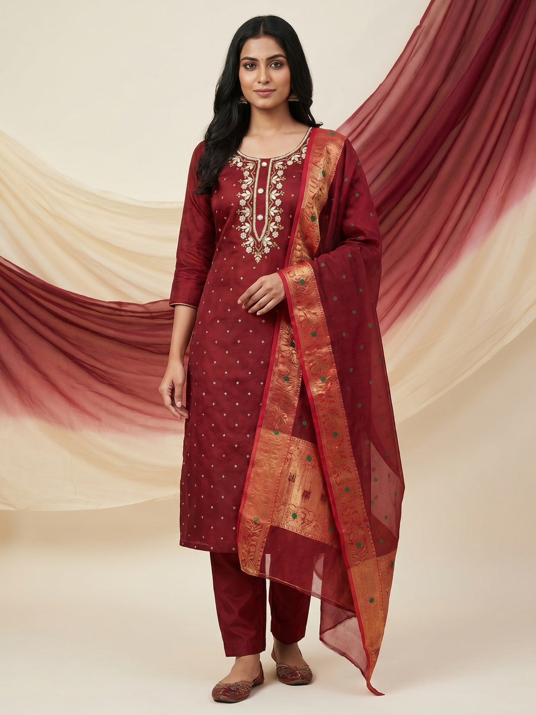 Maroon Woven With Handwork Chanderi Silk Dress Material - Image 1