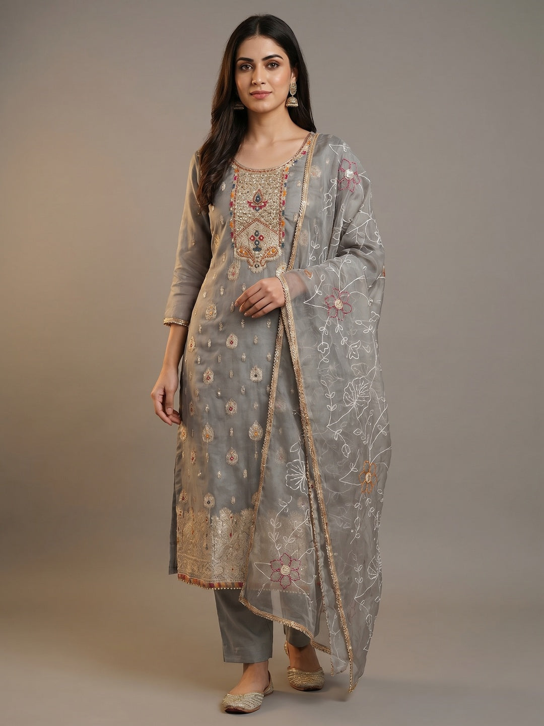 Grey Woven With Handwork Organza Dress Material - Image 1